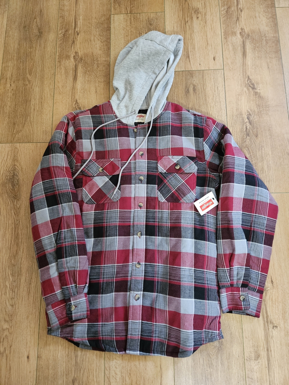 Wrangler Red and Gray Plaid Hooded Flannel Shirt Mens Small